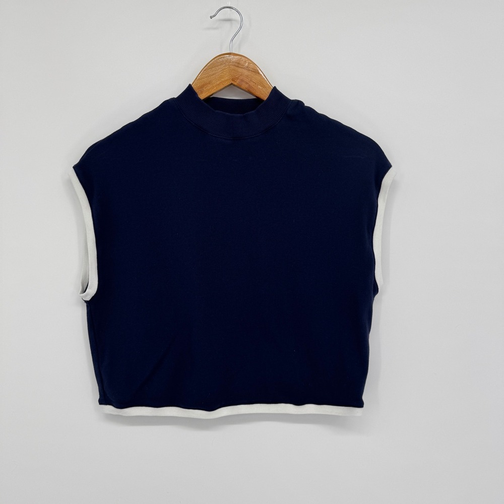 Maeve Anthropologie Shirt Blue Mock Neck Sleeveless Knit Preppy Quiet Luxury
